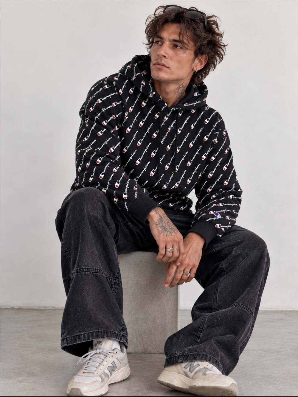Champion Reverse Weave All Over Print Logo Hoodie Black Men's Medium M